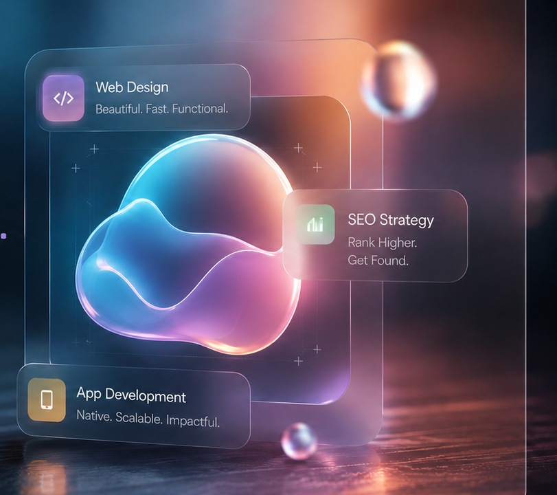 Luminous blue, violet and coral 3D glass form representing Bareslate Studio digital services