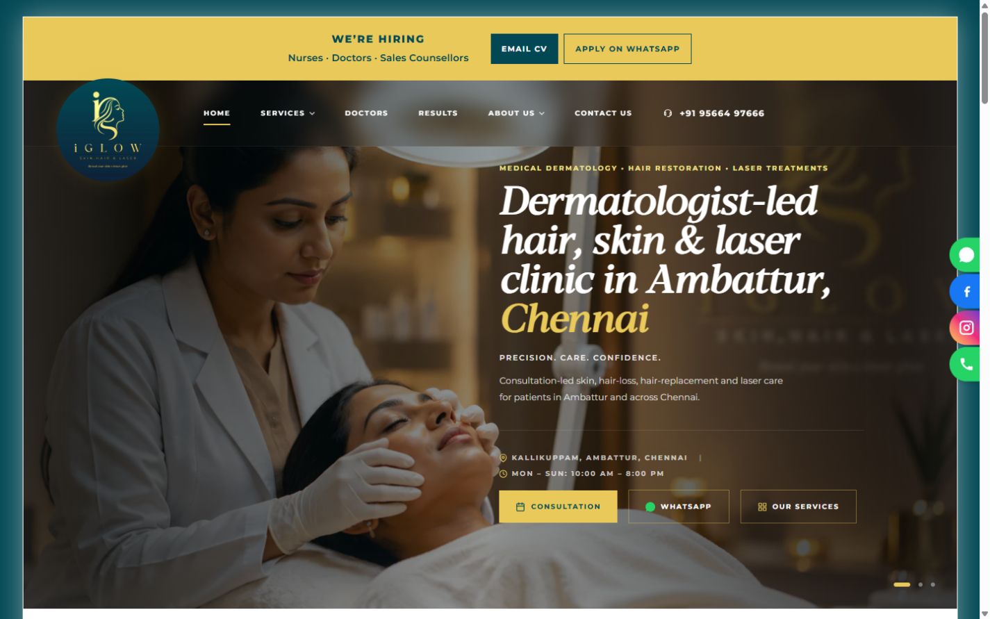 iGlow Chennai clinic website homepage