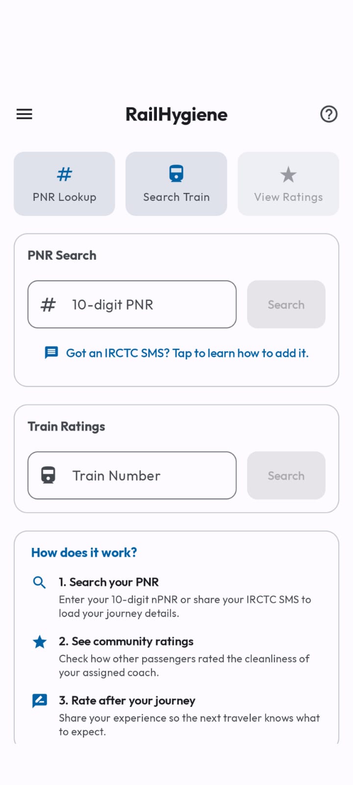 RailHygiene mobile train cleanliness rating interface