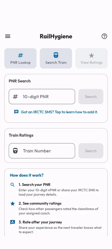 RailHygiene mobile train cleanliness rating interface
